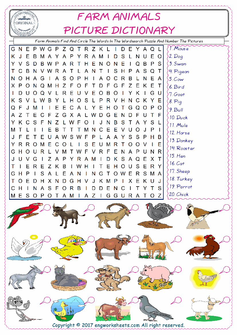  ESL wordsearch worksheets for kids, find Farm Animals words in the word wordsearch write its number on its picture English worksheet. 